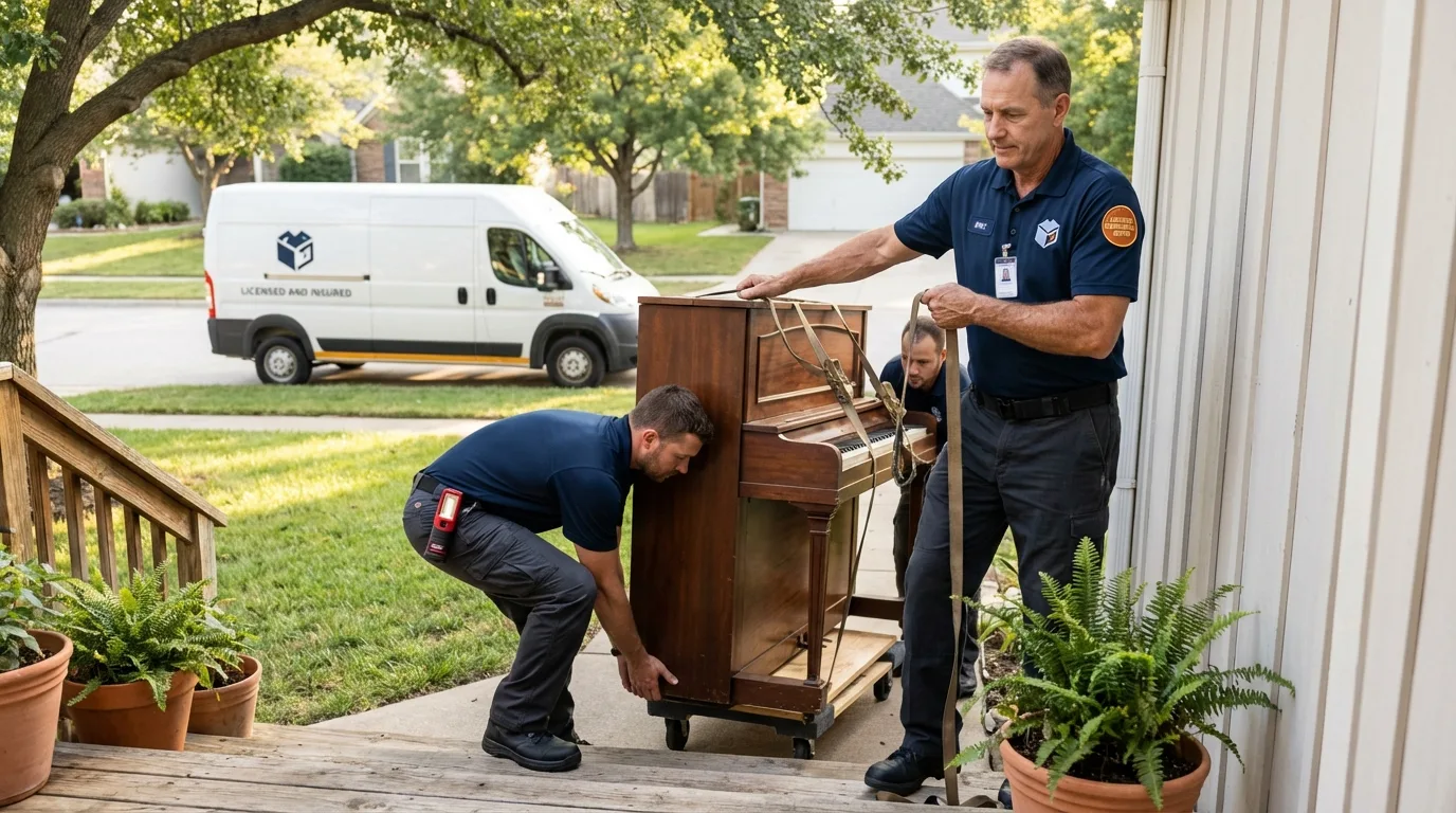 Licensed piano movers securing grand piano in Belmont, NY