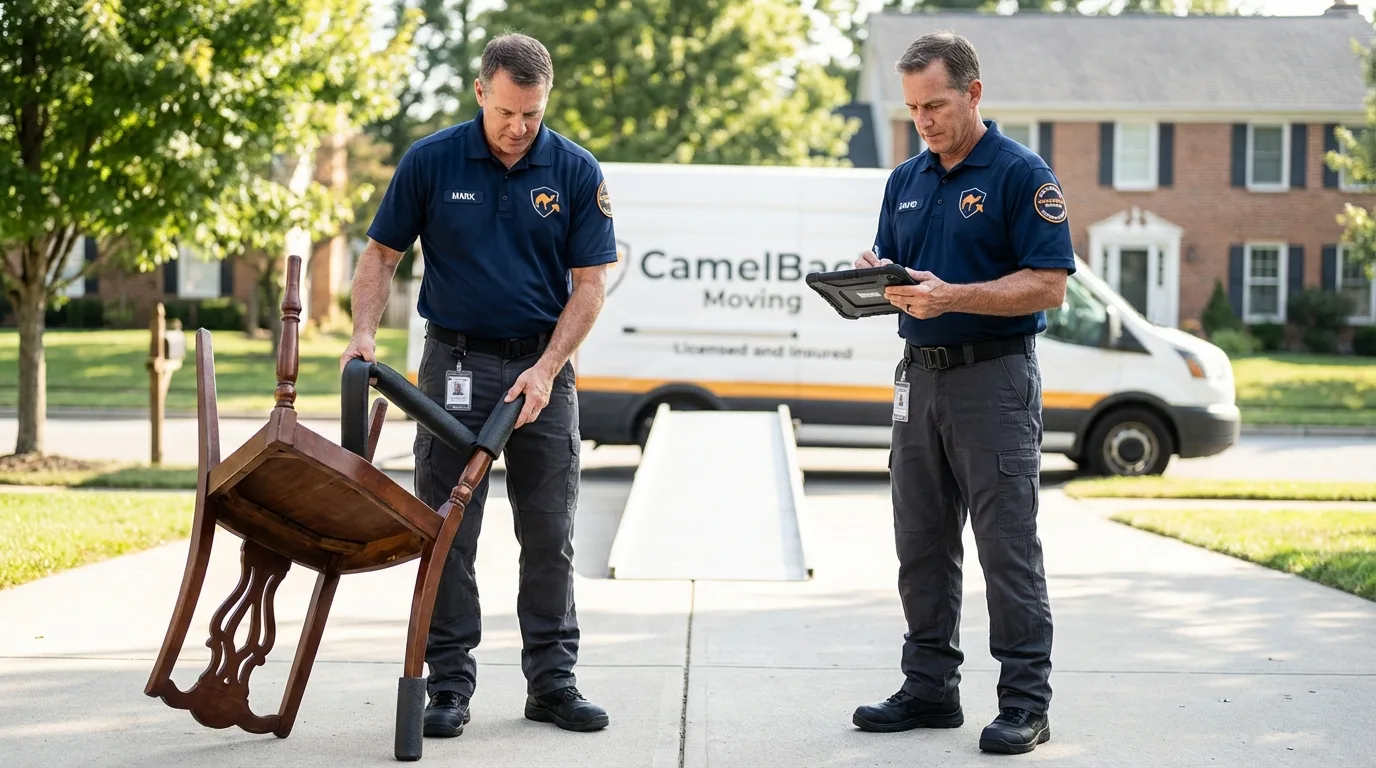 Movers inspecting furniture for damage prevention before loading in Belmont, NY