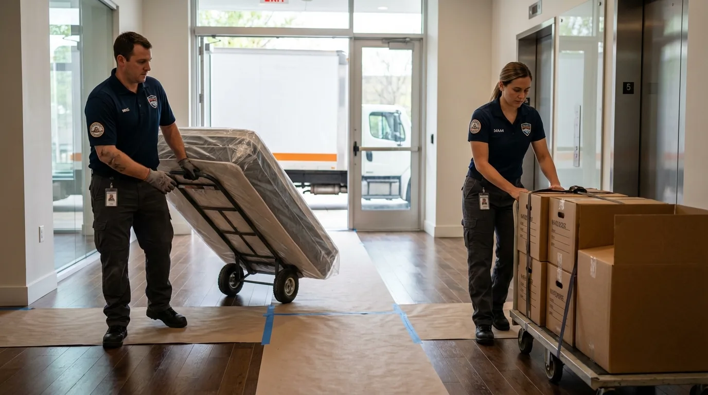 Professional apartment movers loading elevator in Belmont, NY